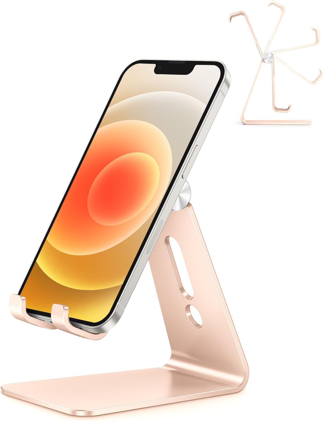 Adjustable Cell Phone Stand, OMOTON Aluminum Desktop Cellphone Stand with Anti-Slip Base and Convenient Charging Port, Fits All Smart Phones, Silver