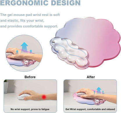 Gel Wrist Rest and Cloud Mouse Pad Support for Keyboard and Mouse - Ergonomic Pink Keyboard Wrist Pad Set for Typing Pain Relief/Computer/Laptop/Gaming/Home/Office (Cloud Shape, Gradient Blue Pink)