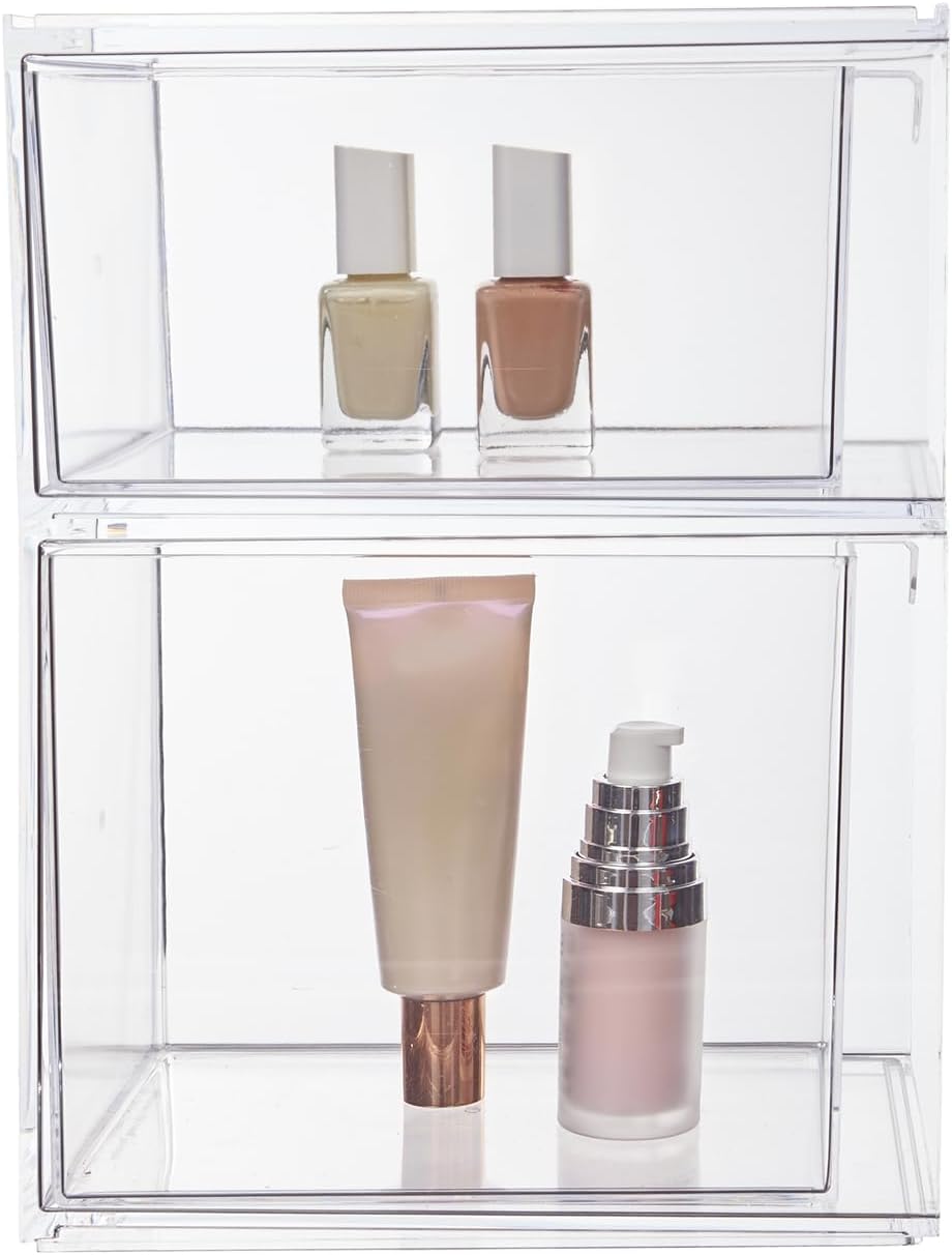 STORi Audrey Stackable Clear Bin Plastic Organizer Drawers | 2 Piece Set | Organize Cosmetics and Beauty Supplies on a Vanity | Made in USA
