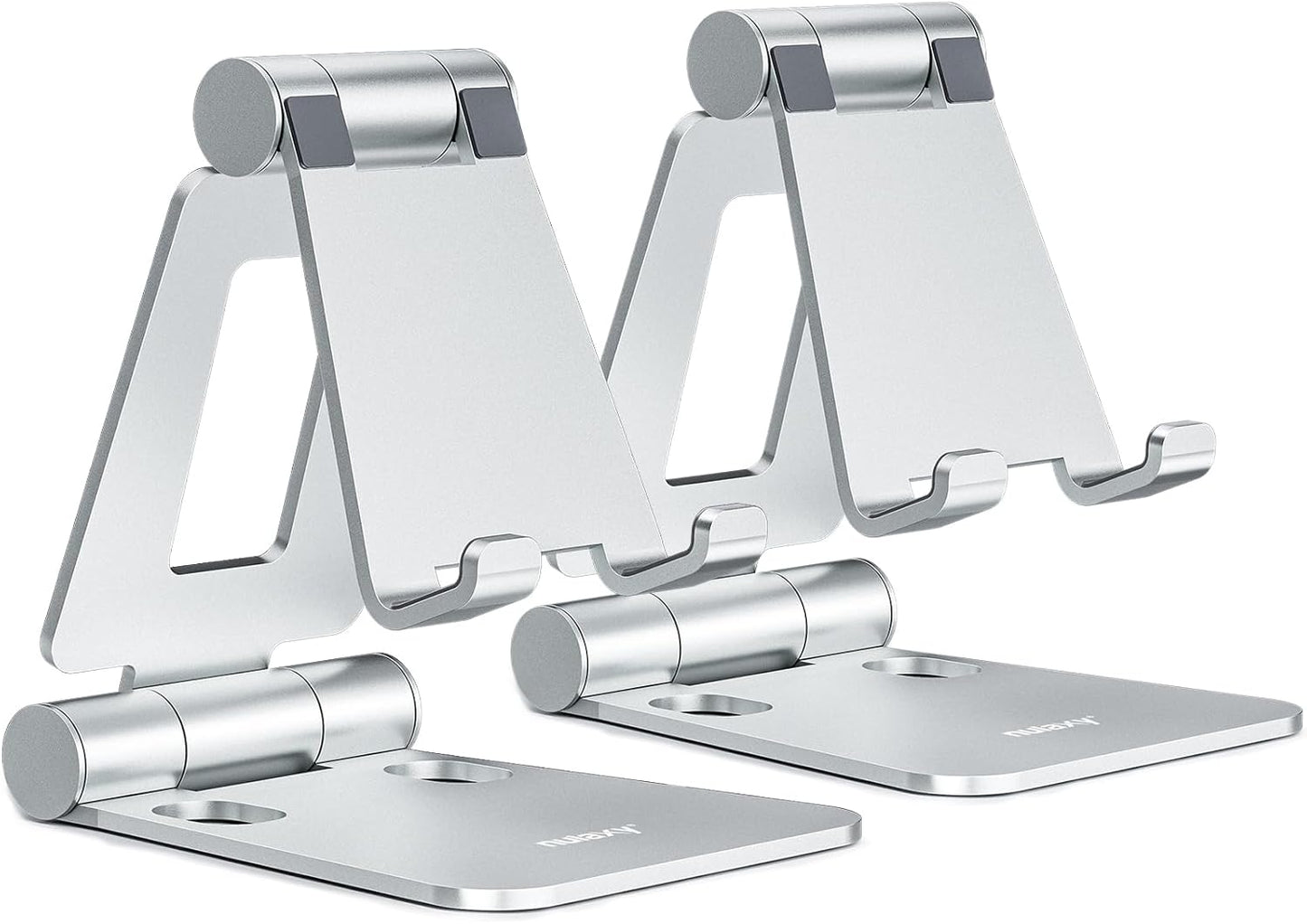 Nulaxy 2 Pack Fully Aluminum Dual Folding Cell Phone Stand, Adjustable Foldable Desktop Phone Holder for Desk Compatible with iPhone 17 16 15 14 13 12 11 Pro Max Xs Xr X 8, All Phones, Black & Silver