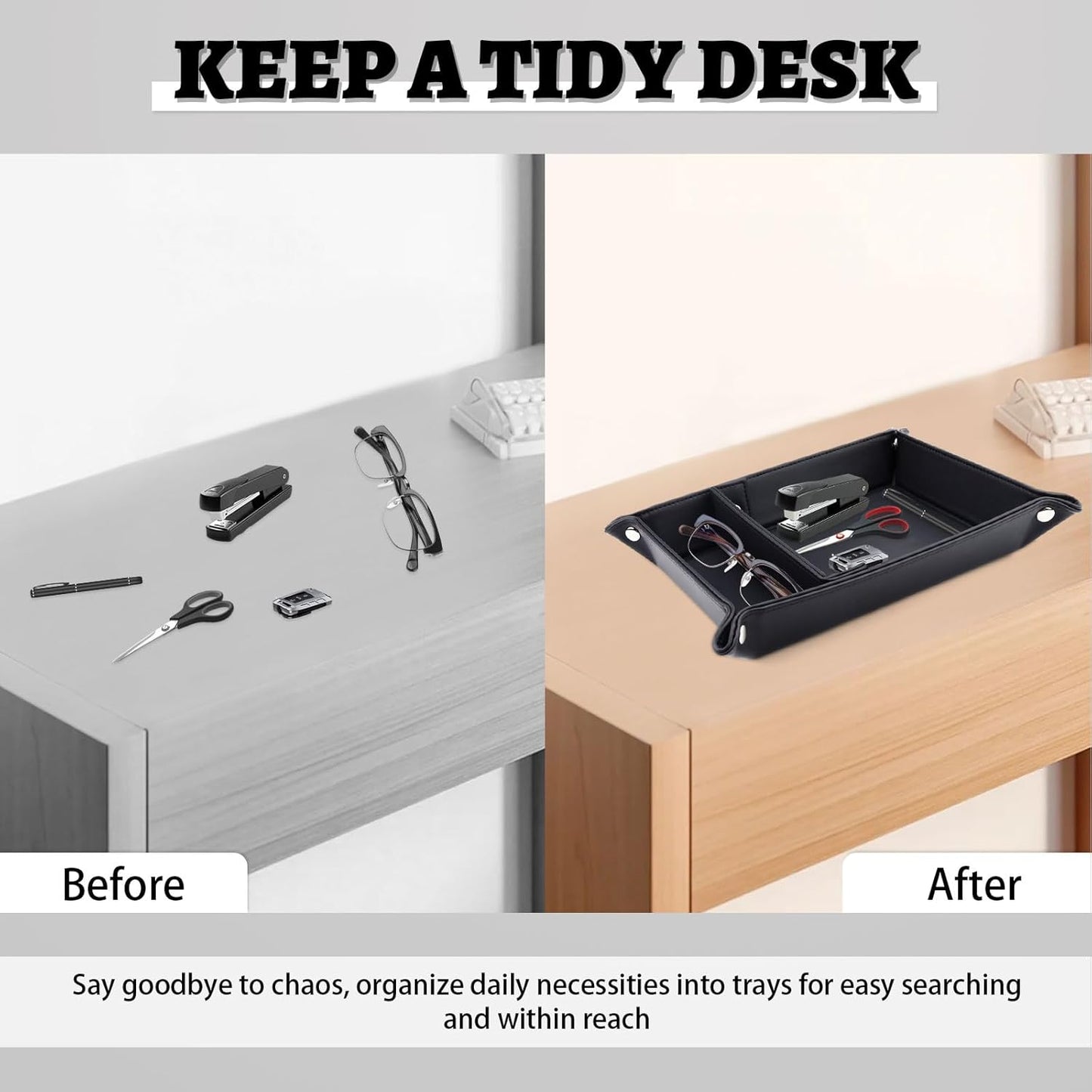 Leather Valet Tray for Men, 2 Compartments Key Tray Nightstand Organizer Vanity Tray Bedside Caddy Entryway Table Catchall Tray for Wallet, Watch, Phone, Coin, Jewelry, Black