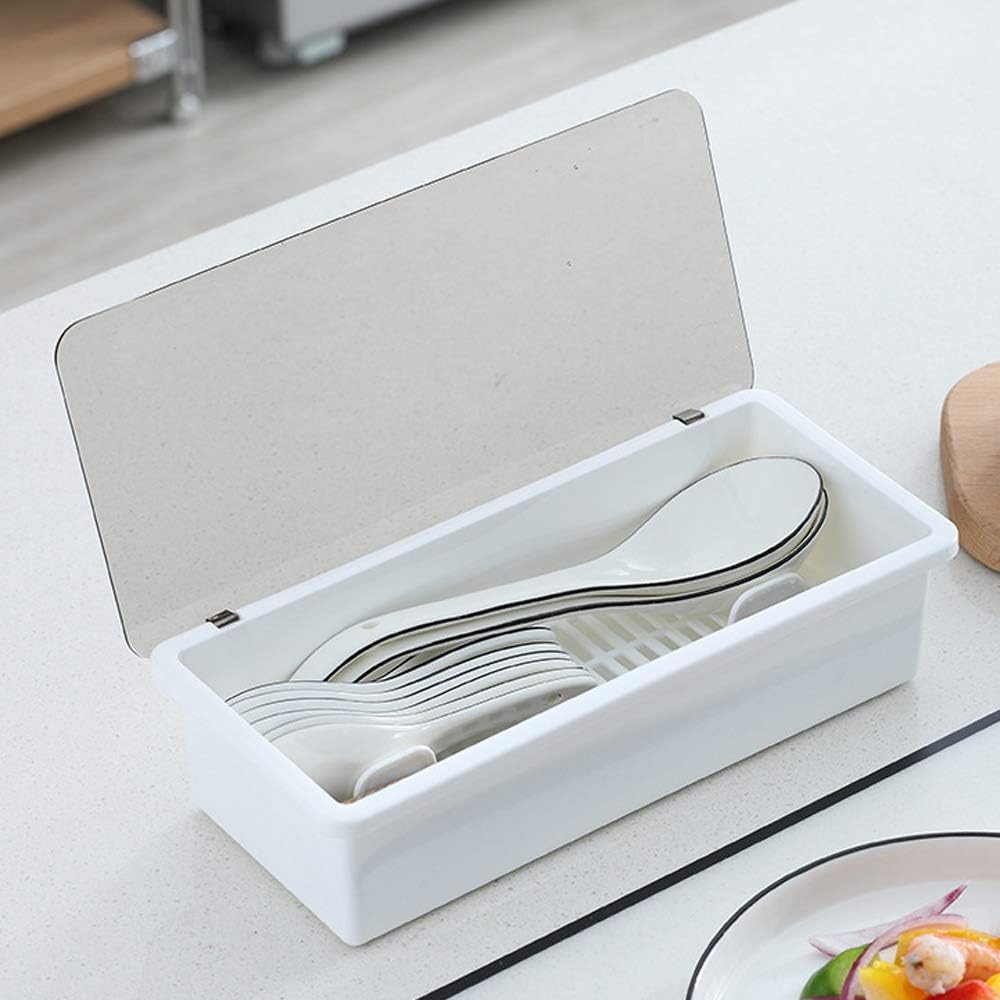 Transparent Flatware Tray Kitchen Drawer Organizer With Lid - Plastic Kitchen Cutlery Tray and Utensil Silverware Storage Container with Cover - Dinnerware Holder for Spoons Forks Knives