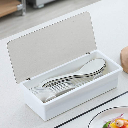 Transparent Flatware Tray Kitchen Drawer Organizer With Lid - Plastic Kitchen Cutlery Tray and Utensil Silverware Storage Container with Cover - Dinnerware Holder for Spoons Forks Knives