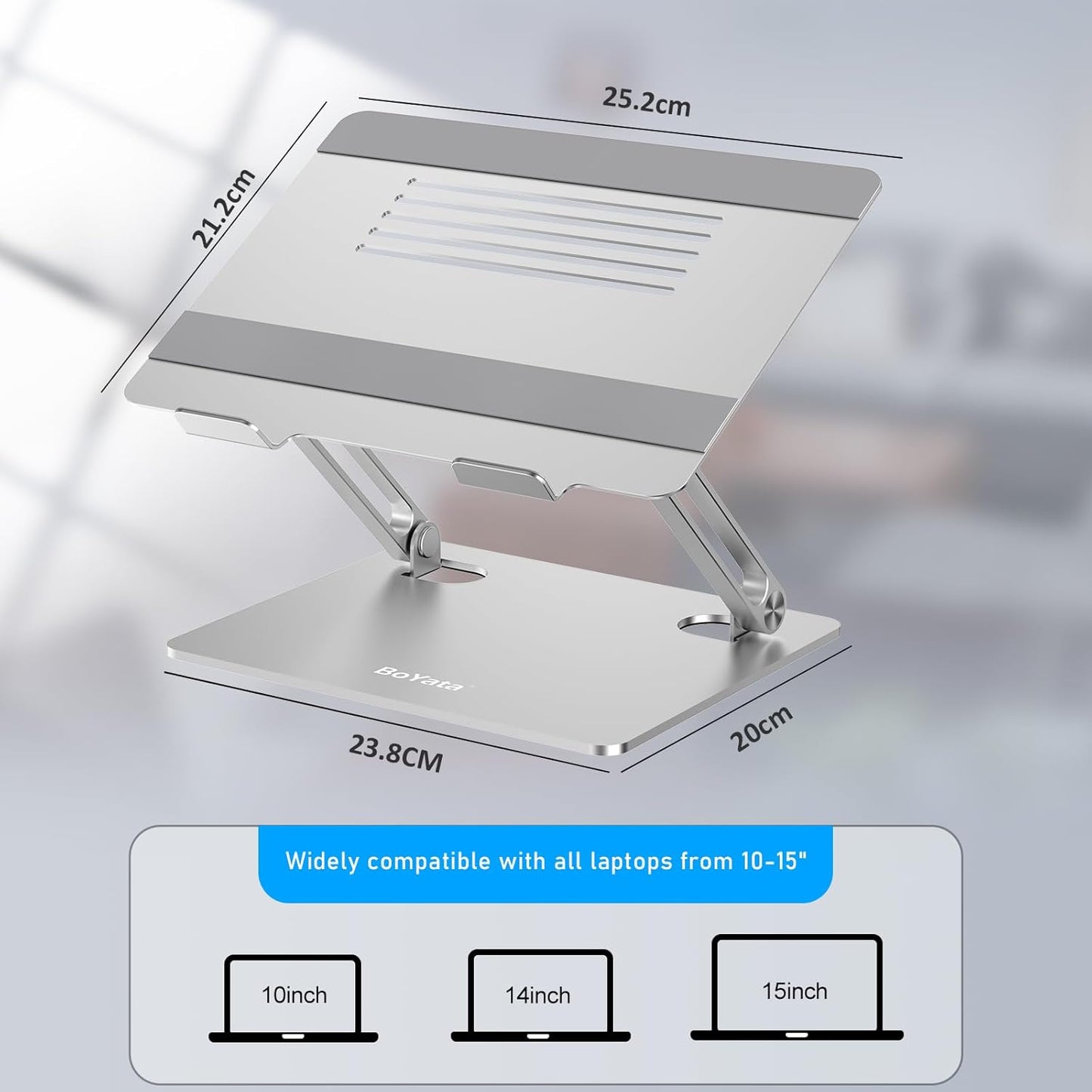 BoYata Laptop Stand, Adjustable Laptop Riser with Slide-Proof Silicone and Protective Hooks, Aluminum Notebook Stand for Laptop up to 15 Inches, Laptop Holder Compatible for MacBook (Silver-2)