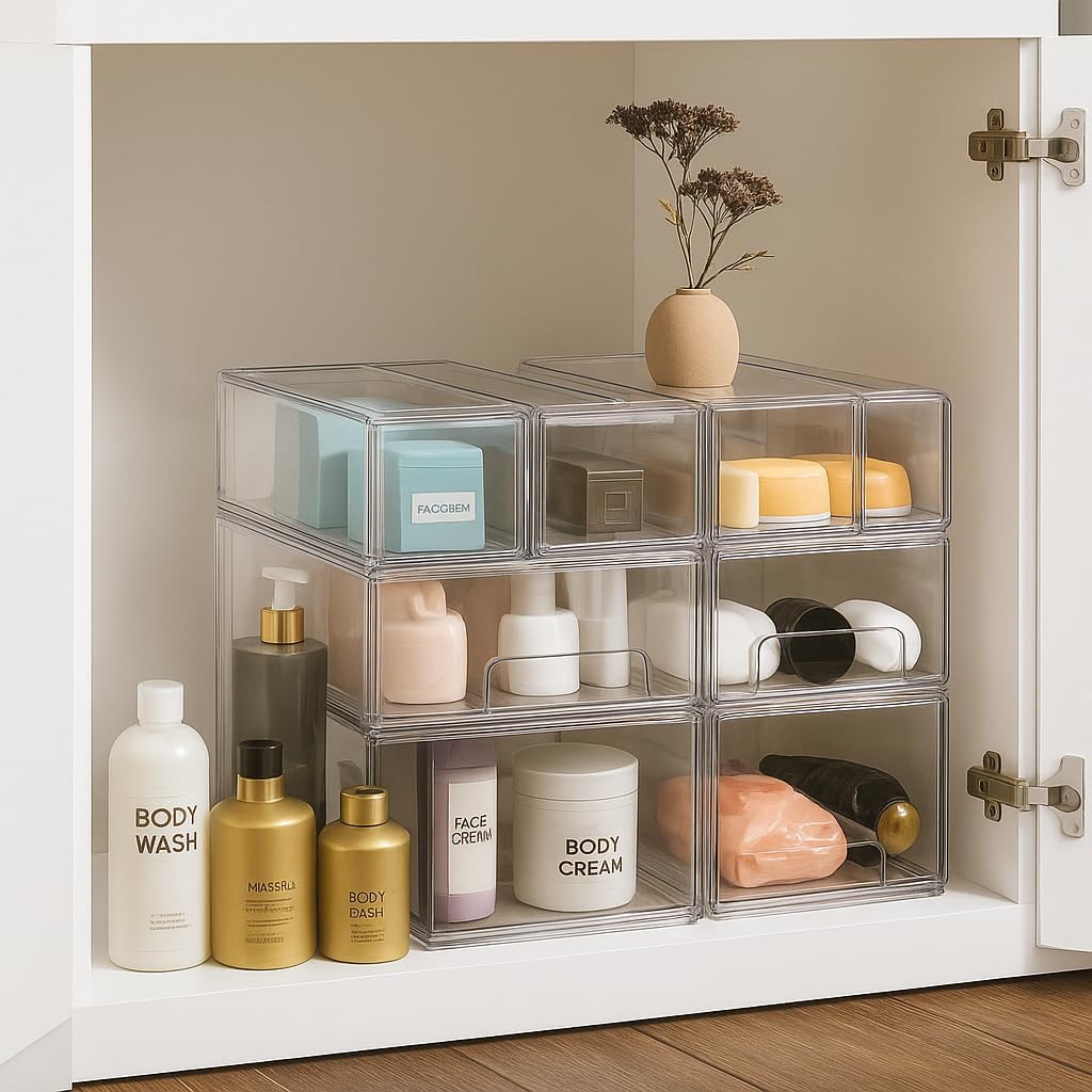 Sorbus Small Clear Stackable Storage Drawers – 4-Pack Plastic Organizer Bins with Handles – Stackable Pull-Out Storage Drawers for Closet, Pantry, Office, Bathroom, Craft, and Toy Organization