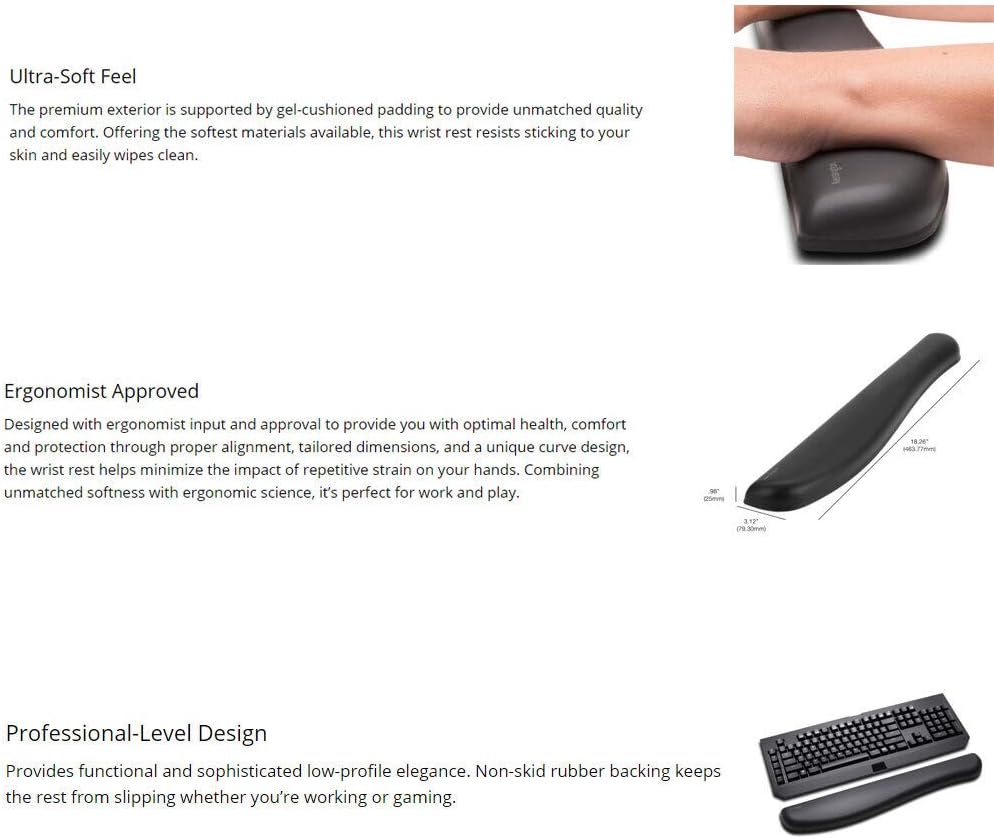 Kensington ErgoSoft Wrist Rest for Slim, Compact Keyboards, Black (K52801WW), 3.9 x 0.4 x 11.1 inches