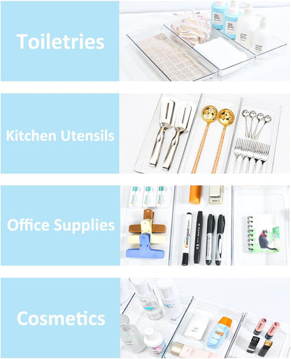 Kutesna 3 Pcs Large Clear Drawer Organizer Set, 15" X 6" Desk Drawer Organizers Trays with Non-Slip Silicone Pads, Storage Bins for Makeup, Office, Kitchen Gadgets Utensils, Bedroom, Tools, Bathroom