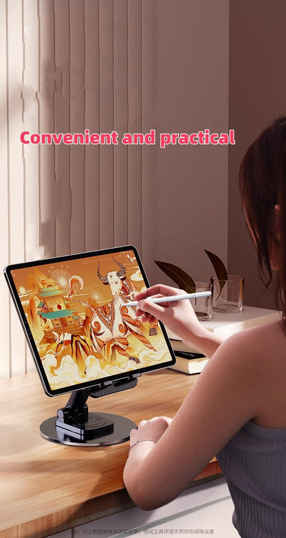 Adjustable Phone Stand, 360-Degree Rotating Metal Desktop Holder for Mobile Phones, Tablets, iPads, iPhones, and Nintendo Switch, Foldable and Portable, Black