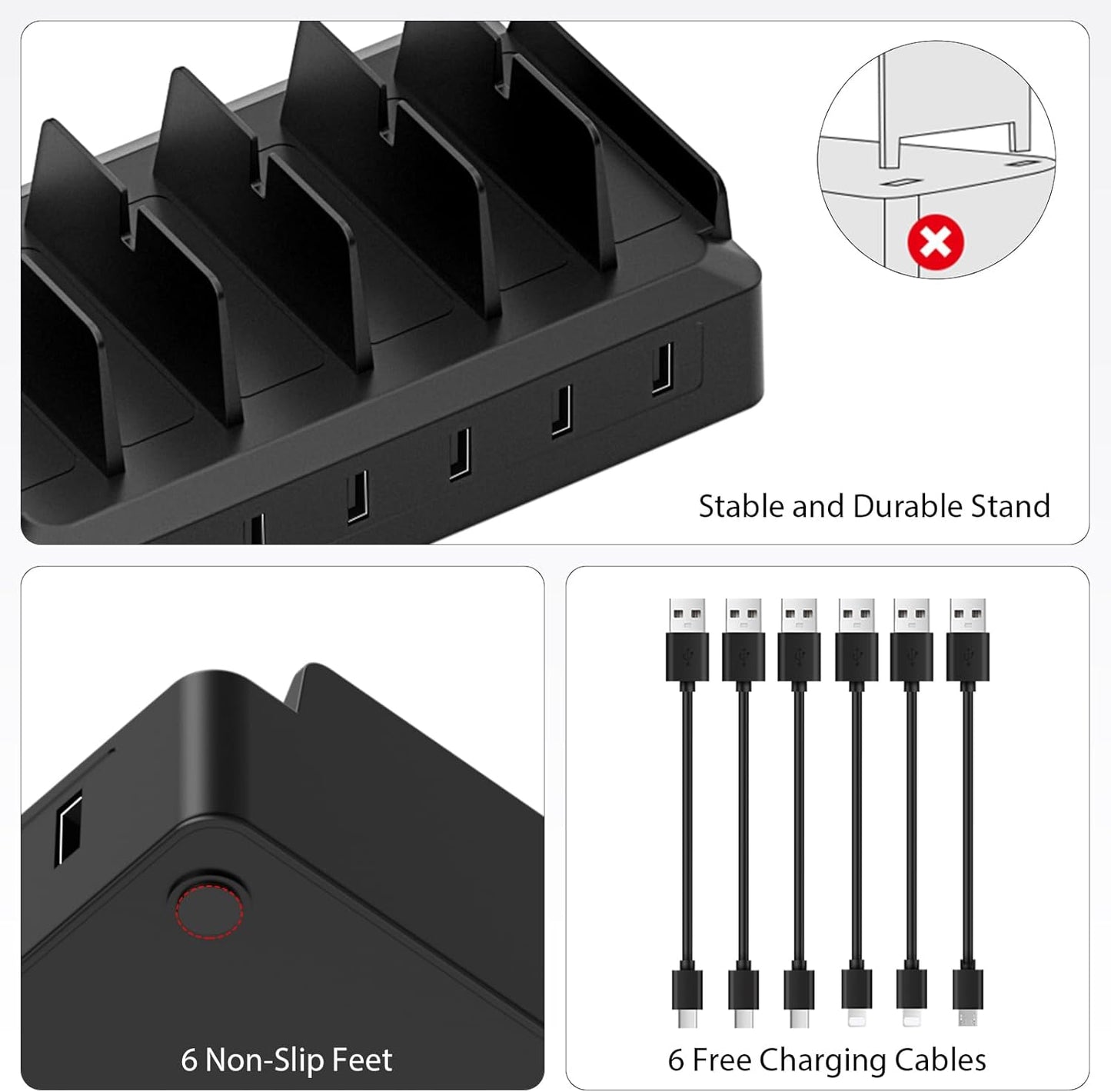 Charging Station for Multiple Devices, 6 Port USB Desktop Charger Dock Compatible with iPad, Samsung, Android, Tablet, Family Multi Phone Charging Organizer with Divider Holders, Fireproof ABS (White)