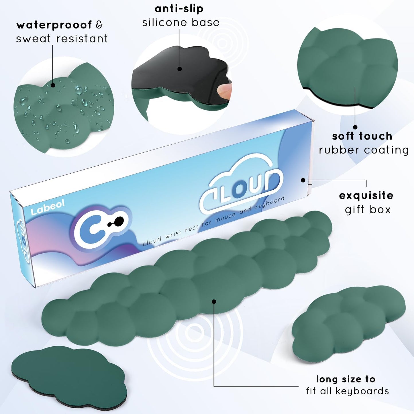 Cloud Wrist Rest for Computer Keyboard Arm Wrist Rest with Non-Slip Base Extended Wrist Rest Ergonomic Memory Foam for Keyboard and Mouse Typing Pain Relief, Office, Gaming, Computer