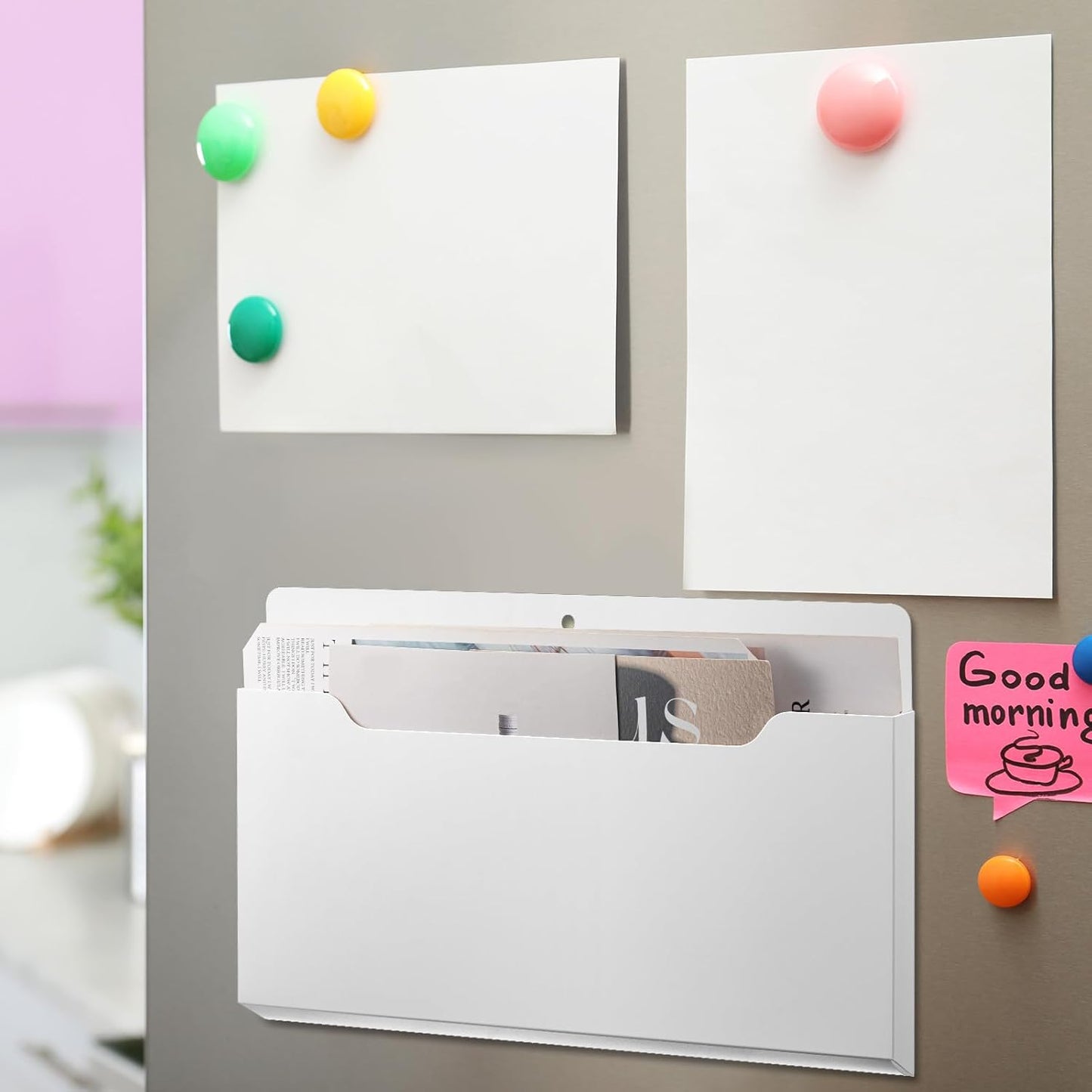Feifeiya 2 Pcs Magnetic File Folder Wall Hanging Holder Large Pocket Paper Magazine Mail Organizer for Refrigerator Classroom Locker Whiteboard(Vertical,Purple Color,12.2 x 9.4 Inches)