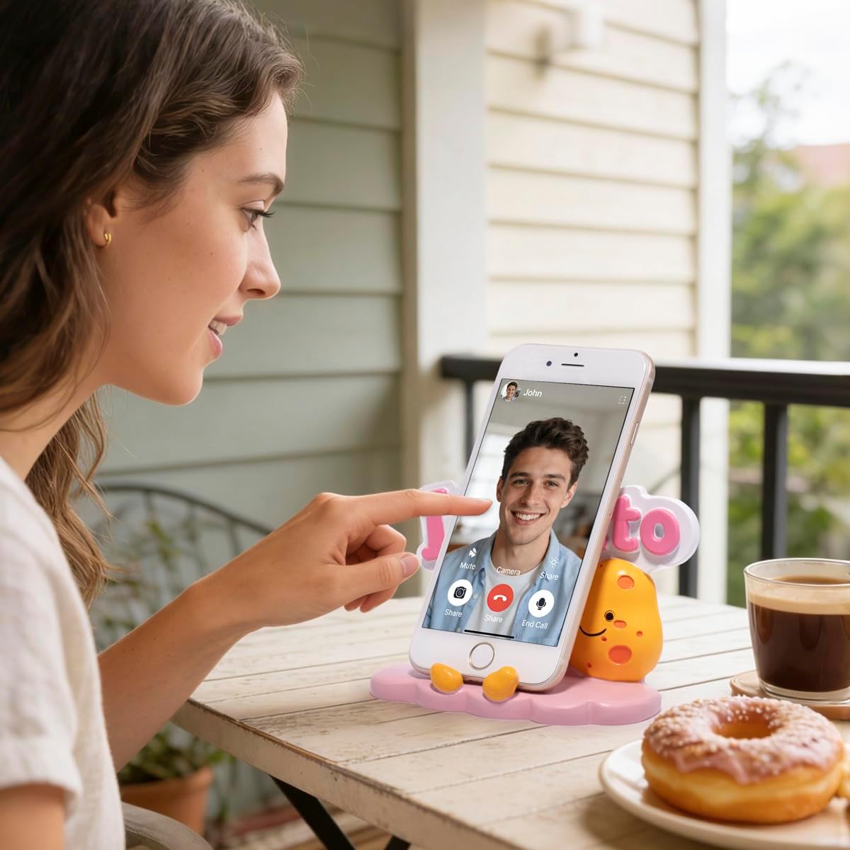 ZAWUU Coffee & Donuts Phone Stand - Cute Resin Phone Holder for Desk, Bedside Table, and Kitchen Counter, Adjustable Vertical & Horizontal Display, Fun Gift for Coffee Lovers, Women, and Teens
