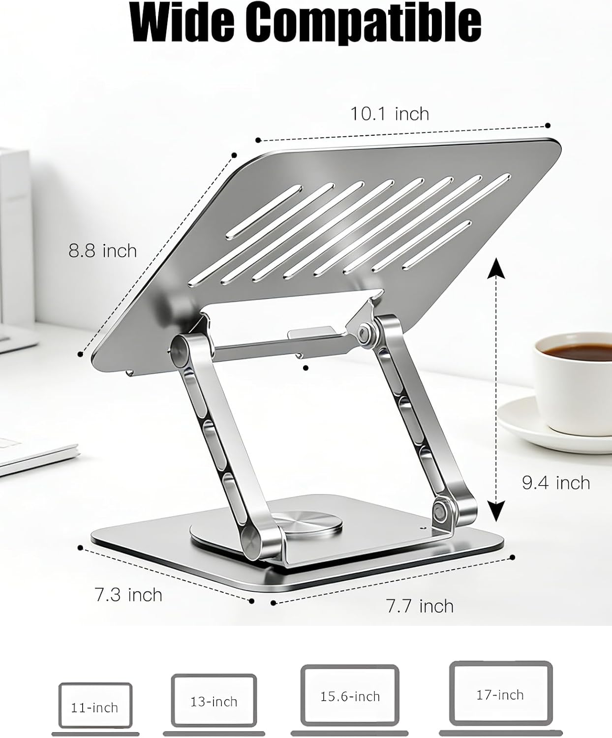 Adjustable Computer Stand with 360 Rotating Base, Ergonimic Foldable Laptop Riser for Desk Compatible with MacBook Pro/Air Notebook up to 16 Inches, Silver