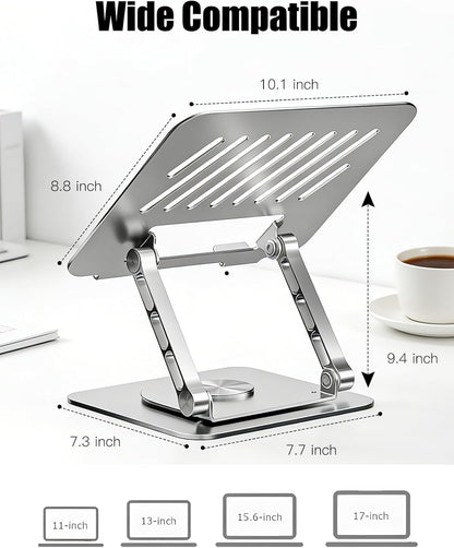 Adjustable Computer Stand with 360 Rotating Base, Ergonimic Foldable Laptop Riser for Desk Compatible with MacBook Pro/Air Notebook up to 16 Inches, Silver