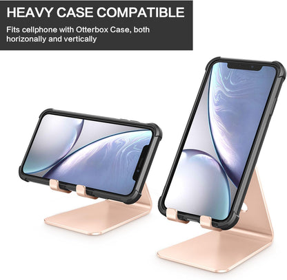 Adjustable Cell Phone Stand, OMOTON Aluminum Desktop Cellphone Stand with Anti-Slip Base and Convenient Charging Port, Fits All Smart Phones, Silver
