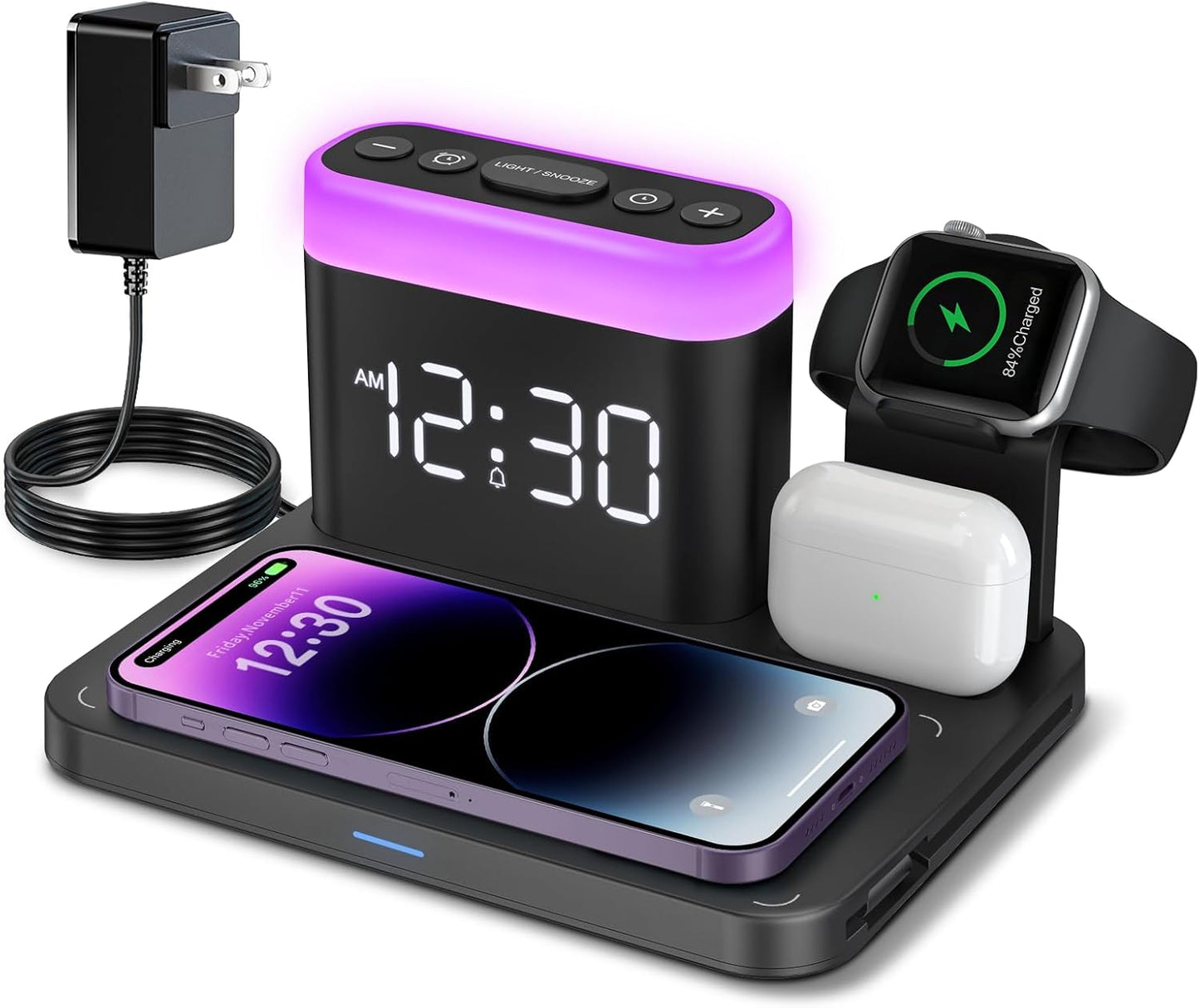 ANJANK Wireless Charging Station,5 in 1 Multiple Charger Stand with Alarm Clock,7 Night Light,Mag-Safe Charging Dock for iPhone 17 16 15 14 13 12 Pro Max Plus,Apple Watch 11/10/9/8,for Airpods,Bedroom