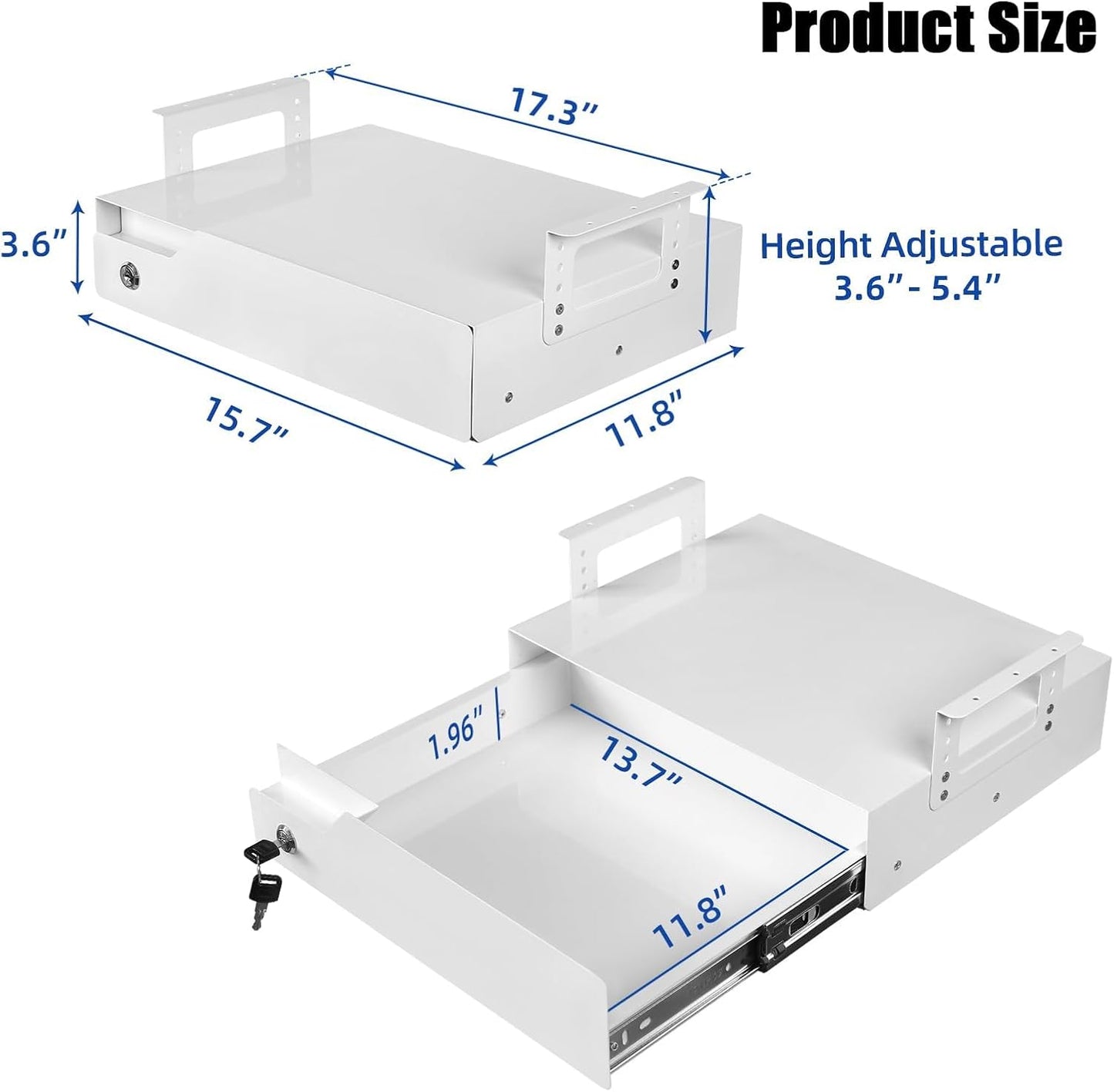 Under Desk Drawer Storage with Lock, Metal Undermount Table Drawer, Ball Bearing Slides Out Tray Organizer for Paper, Pencil, and Laptop 16"x11.8"x3.6", White