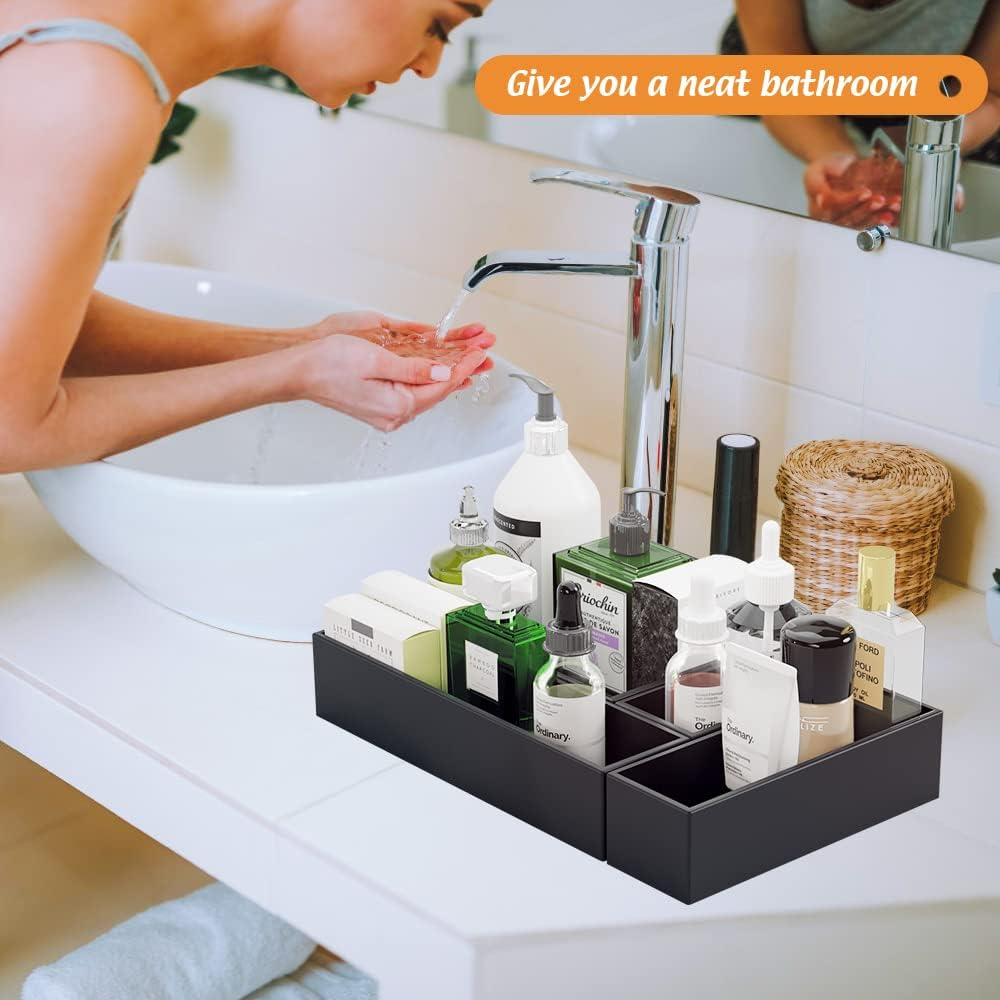 Black Bamboo Drawer Organizer - Silverware&Utensil Holder Organizer for Kitchen Drawers, Multi-Use Drawer Dividers Boxes for Bathroom Counter，Cabinet, Garage, Office Desk, Makeup, Jewelry (12"3"2.5")