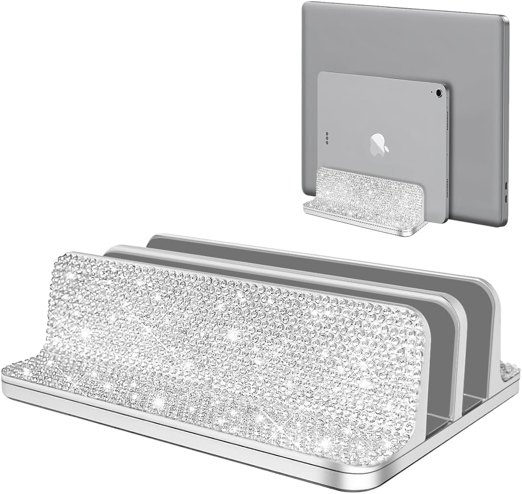 Bling Vertical Laptop Stand, Double Desktop Stand Holder with Adjustable Dock (Up to 17.3 inch),Compatible with All MacBook/Surface/Samsung/HP/Dell/Chrome Book (Silver Glitter Rhinestones)