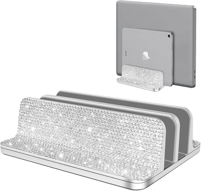 Bling Vertical Laptop Stand, Double Desktop Stand Holder with Adjustable Dock (Up to 17.3 inch),Compatible with All MacBook/Surface/Samsung/HP/Dell/Chrome Book (Silver Glitter Rhinestones)