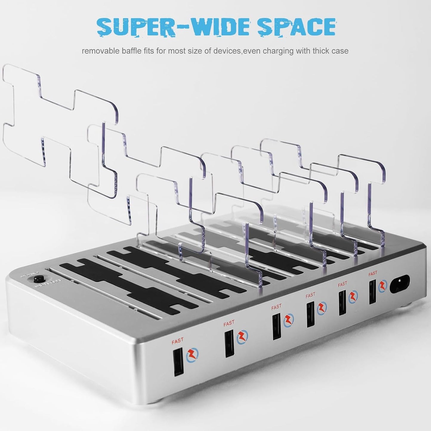 Charging Station for Multiple Devices, 6 Ports Multi Devices USB Charger Fast Cell Phone Charging Station for iPhone iPad Tablet (Silver, 6 Mixed Cables Included)