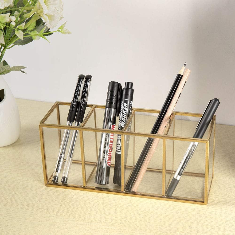 NIUBEE Acrylic Pen Holder 4 Compartments, Clear Pencil Organizer Cup for Countertop Desk Accessory Storage