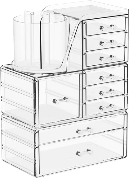 SuoXing 3 Pack Clear Acrylic Makeup Organizer for Vanity With 9 Drawer, Skincare Organizers Countertop With Make up Brush Holder,Bathroom Make up Drawer Storage for Beauty,Hair Accessories Organizer | Cute, with Brush Holder, Lipstick