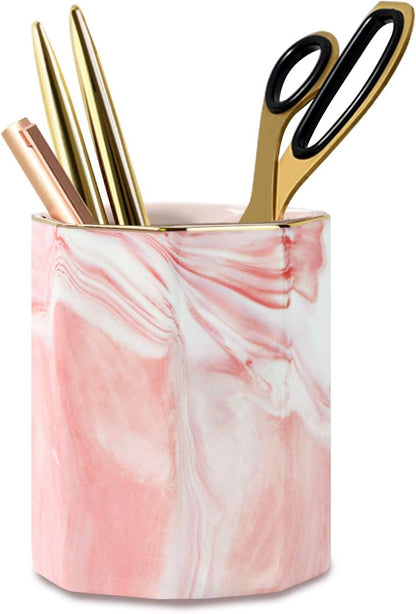 WAVEYU Ceramic Pen Holder for Desk Cute, Pencil Cup Pot Desk Organizer, Makeup Brush Holder for Women, Men, Kids, Desk Marble Decor for Office, Classroom, Home, Gray Golden