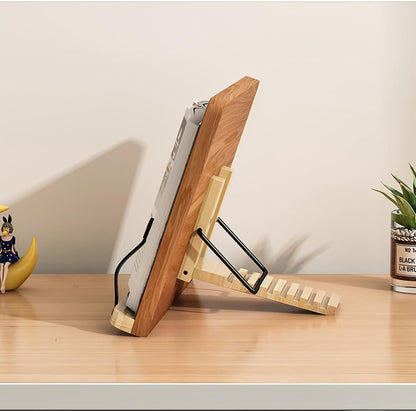 Bamboo Book Stand with Page Clips - Adjustable Holder for Cookbooks/Textbooks, Stable Lightweight Portable Reading Desk (Natural Bamboo)