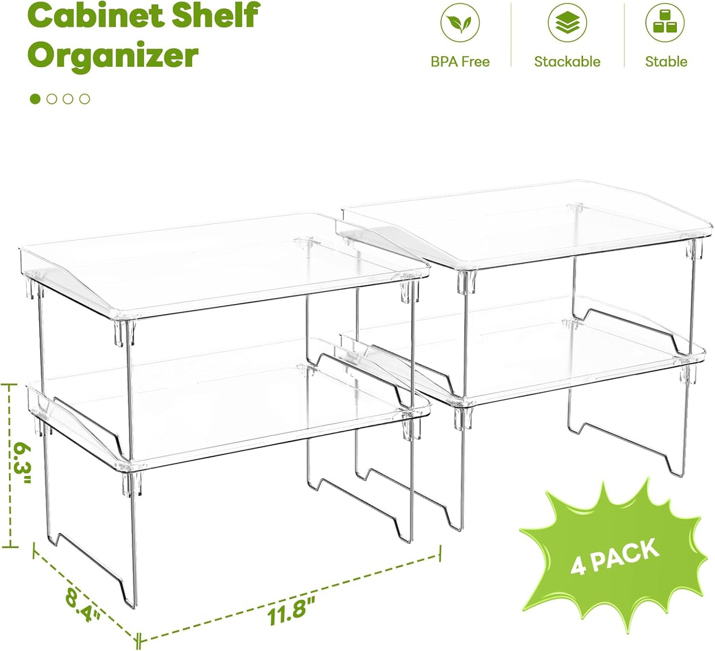 STARLATTA 2 Pcs Cabinet Organizer Shelf, Stackable Kitchen Counter Shelves, Spice Rack,Countertop Organizers, Clear Plastic Storage Shelves Rack for Makeup,Bathroom,Cupboard,Desk,Pantry Organization