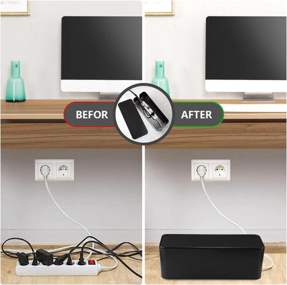 Cable Management Box Large - Wooden Grain Cable Organizer Box to Hide Wires&Power Strips,TV&Desk Computer Wires,with Cable Clips&Reusable Cable Ties for Home&Office(Black)