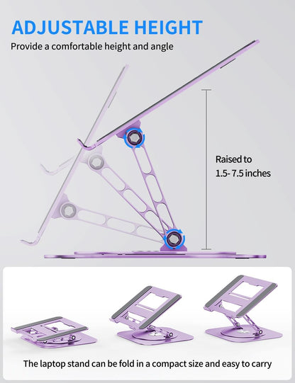 AOEVI Adjustable Computer Stand with 360 Rotating Base, Ergonimic Foldable Laptop Riser for Desk Compatible with MacBook Pro/Air Notebook up to 16 Inches, Silver