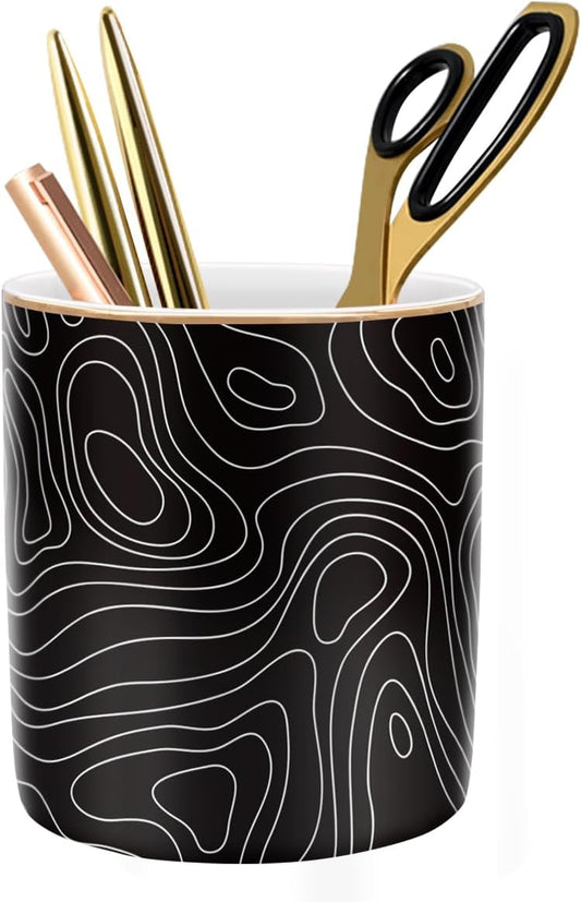 WAVEYU Large Capacity Colored Pen Holder for Desk, Ceramic Pencil Holder Pen Cup Marker Holder Makeup Brush Holders, Desk Accessories & Workspace Organizers for Home, Office, White Flower