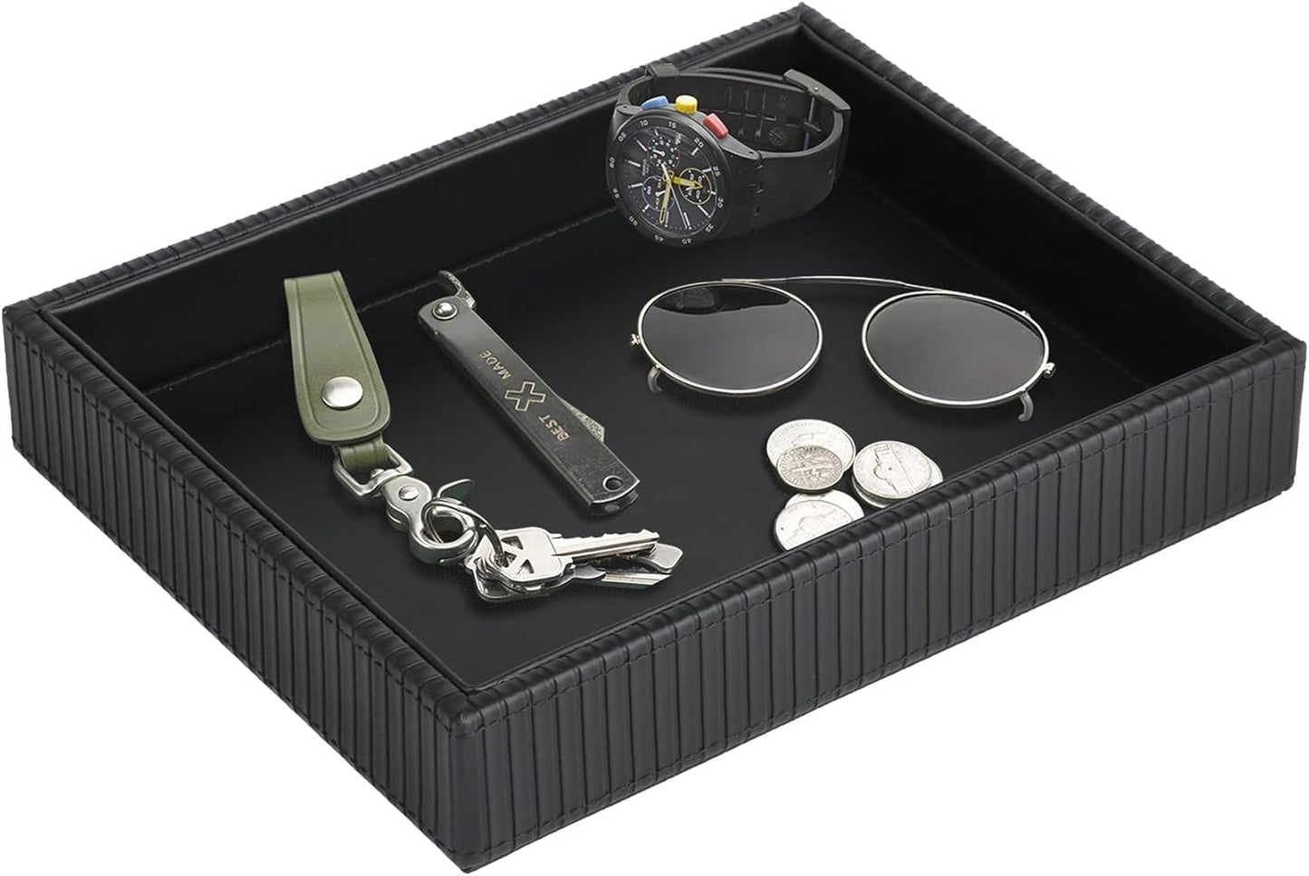 HofferRuffer Faux Leather Vanity Tray, Elegant Desktop Storage Organizer, Decorative Catchall for Perfume, Bathroom Valet, Nightstand or Dresser, Black, 10.2 x 8.4 x 1.8 Inches