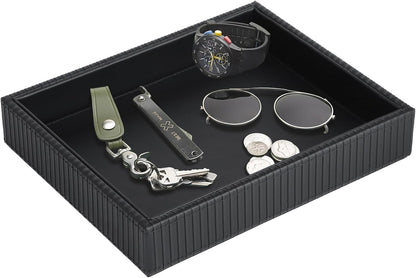 HofferRuffer Faux Leather Vanity Tray, Elegant Desktop Storage Organizer, Decorative Catchall for Perfume, Bathroom Valet, Nightstand or Dresser, Black, 10.2 x 8.4 x 1.8 Inches