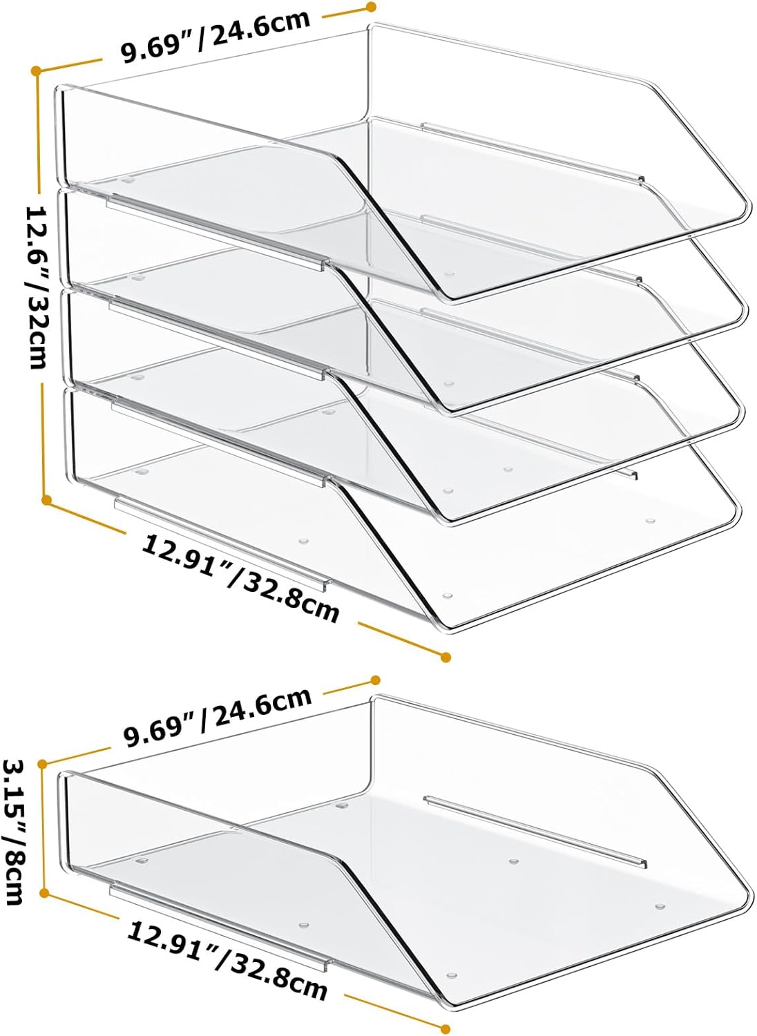 YKLSLH 4 Trays Paper Organizer Letter Tray - Acrylic Desk File Organizer, Stackable Clear Paper Holder Sorter Office Organizer for Letter/A4, Office File Ipad Books Notes Etc