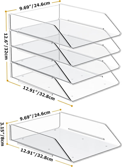 YKLSLH 4 Trays Paper Organizer Letter Tray - Acrylic Desk File Organizer, Stackable Clear Paper Holder Sorter Office Organizer for Letter/A4, Office File Ipad Books Notes Etc