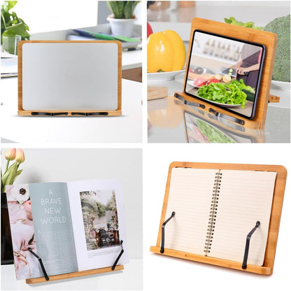 MEGREZ Bamboo Book Stand (13.2 x 9.4 inch) for Reading, Kitchen Cookbook Holder, Adjustable for Tablet/Textbook, Hollow Bookrest, Panda