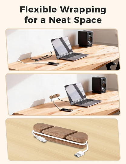 Solid Walnut Cable Holder & Cord Organizer, Adhesive Cable Clips for Desk, Under Desk, Wall, Bedside & Car, Wood Cable Management for Home Office, Phone Charging & USB Cables