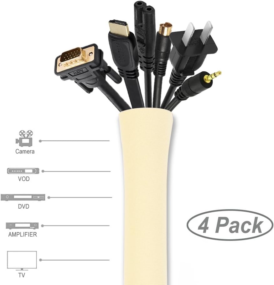 JOTO 4 Pack Cable Management Sleeve, 19-20 Inches Cord Organizer System with Zipper for TV Computer Office Home Entertainment, Flexible Cable Sleeve Wrap Cover Wire Hider System -Black