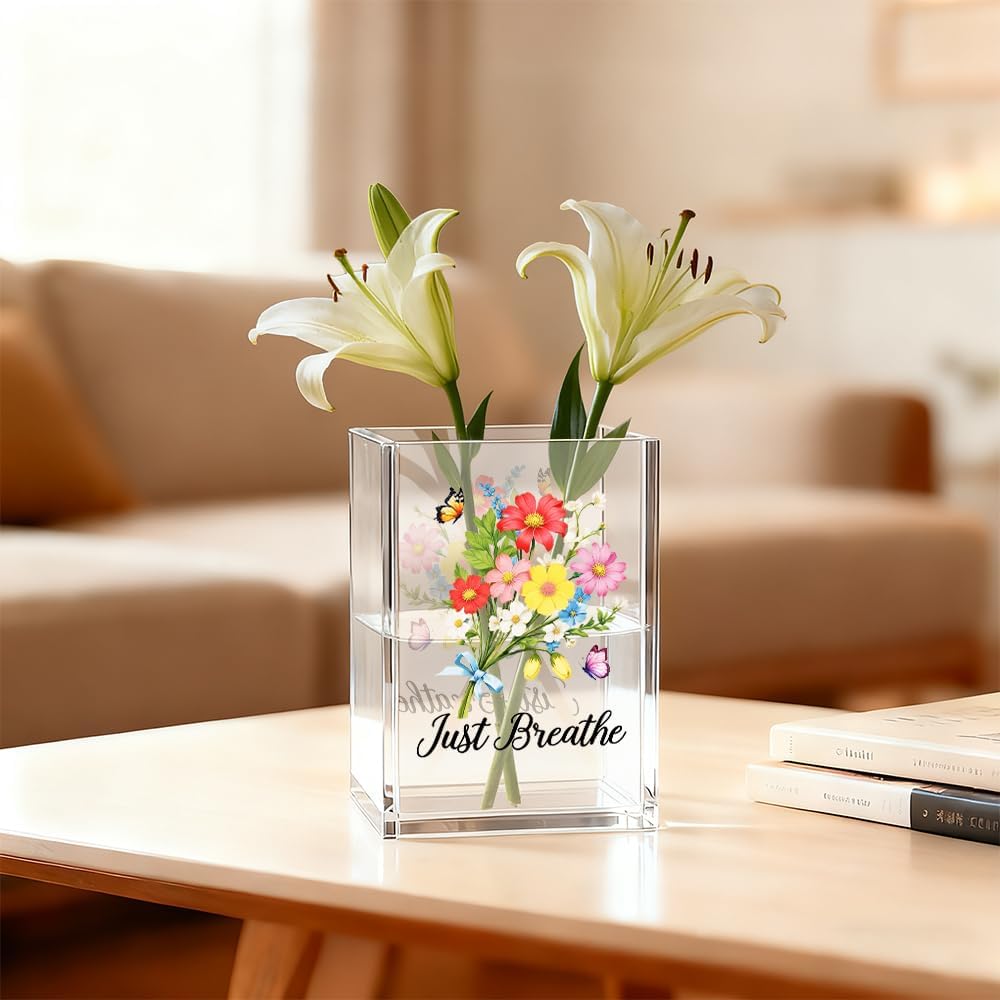 Just Breathe Acrylic Cosmetic Organizer Pen Holder, Anxiety Relaxing Acrylic Desk Holder Cup for Pen Pencil, Dandelion Desk Organizer, Mental Health Office Gifts for Coworker Leader Friend