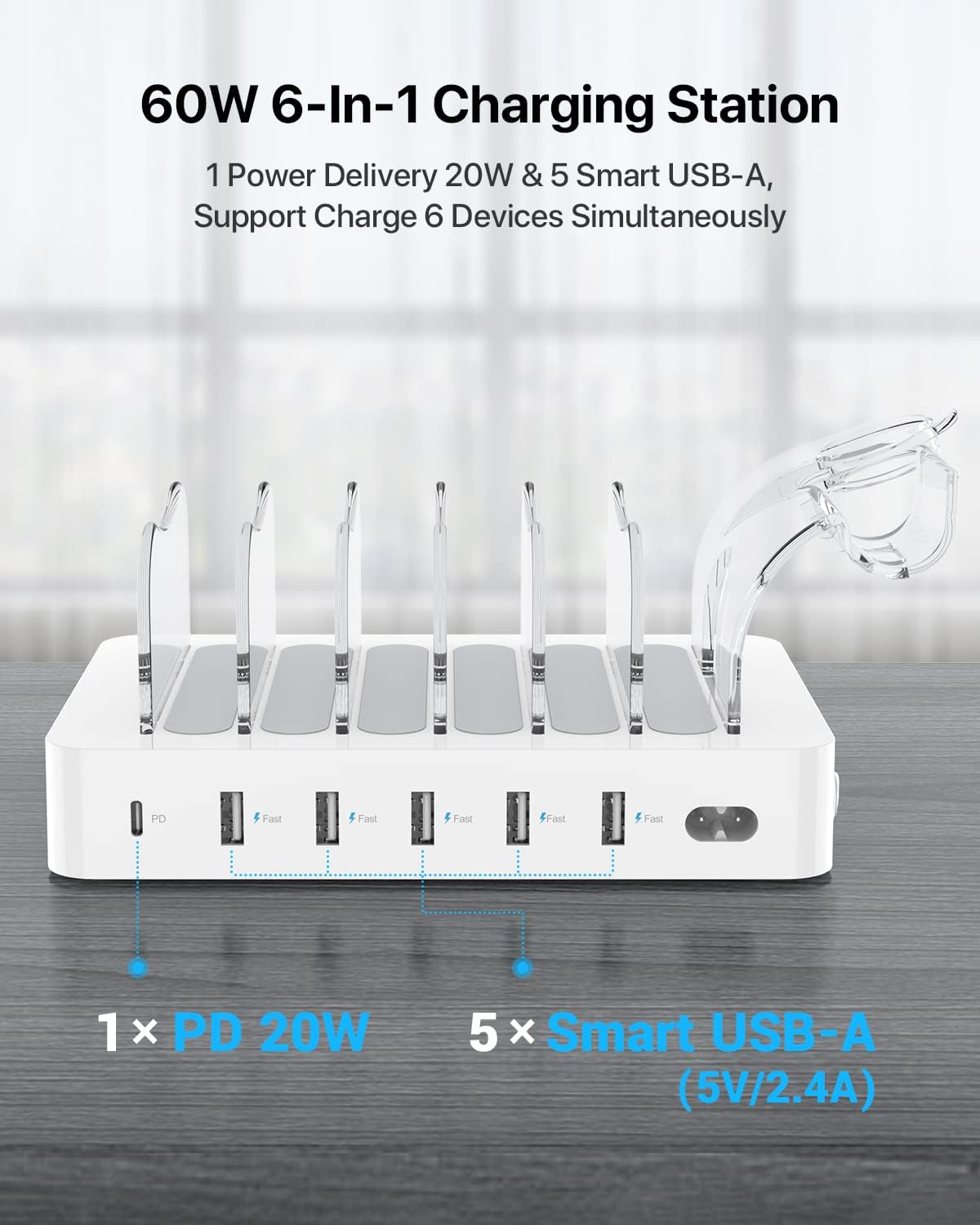 SooPii 60W 6-Port PD Charging Station for Multiple Devices, 20W PD USB C Fast Charging for lPhone 14/13/12,6 Short Cables Included, 2 in 1 Holder,for Phones,Tablets and Others…