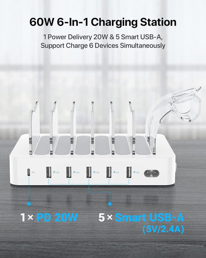 SooPii 60W 6-Port PD Charging Station for Multiple Devices, 20W PD USB C Fast Charging for lPhone 14/13/12,6 Short Cables Included, 2 in 1 Holder,for Phones,Tablets and Others…