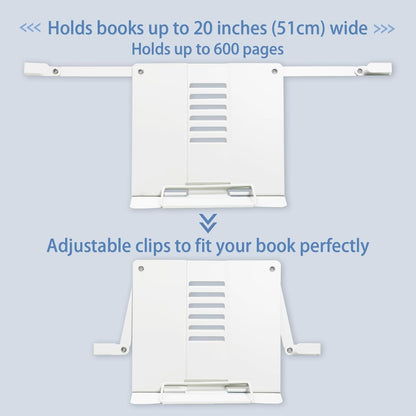 Metal Desk Book Stand for Reading with Adjustable Clips, Hands-Free Foldable Book Holder for Kids, Portable Document Stand for Desk, Display Stand for Recipes, Cookbooks, Tablets - Purple