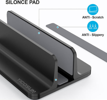 YICOSUN Aluminum Vertical Laptop Stand for Desk - Adjustable Width Dock for MacBook, Surface, Samsung, HP, Dell up to 17.3 inches - Space-Saving & Protective Design - Gray