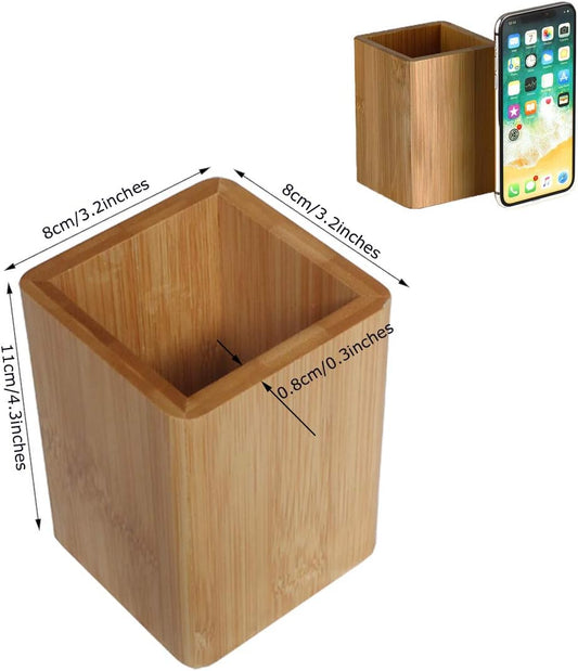 Enyuwlcm Bamboo Wooden Pen Holder Cup and Desk Business Card Holder Stand for Office Home School 2 Packs