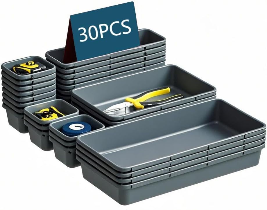 Gonice 13 PCS Drawer Organizer Tray, Interlocking Office Desk Drawer Storage, Black Plastic Organizer Bins for Office Supplies and Tools, Desk Drawer Organizer for Bathroom and Kitchen