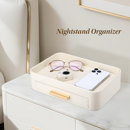GORESE PU Leather Valet Tray with Drawer, Nightstand Organizer Catch All Tray for Jewelry Perfume Purse Trinket Key Holder, EDC Trays for Desk Vanity Entryway Table, Gift for Women Men, Cream White