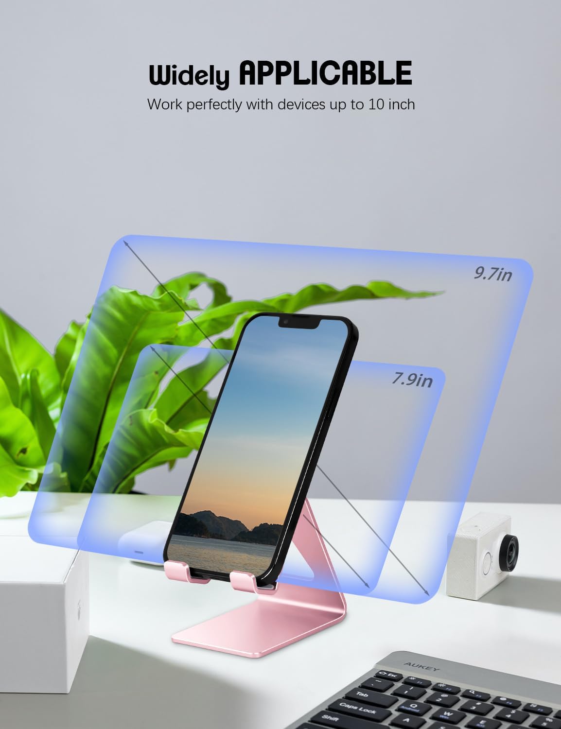 Aoviho Desk Cell Phone Stand Phone Holder, Aluminum Phone Cradle Dock for iPhone17 16 15 14 13 12 pro Mini 11 X Xs max 8 7 6 6s Plus SE Samsung All Smart Phones, Rose Gold