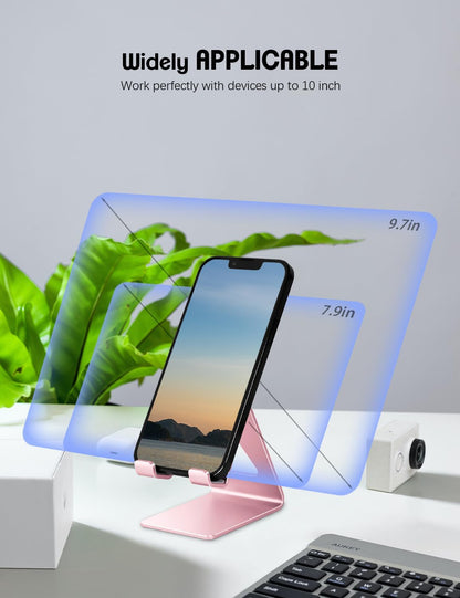 Aoviho Desk Cell Phone Stand Phone Holder, Aluminum Phone Cradle Dock for iPhone17 16 15 14 13 12 pro Mini 11 X Xs max 8 7 6 6s Plus SE Samsung All Smart Phones, Rose Gold